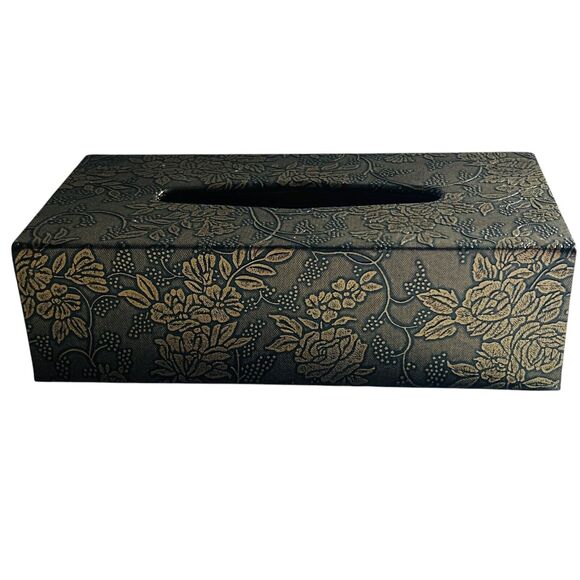 Tissue Box Cover Grapes Flowers Bottom Flap Gold Black Hollywood Regency 9.5X5X3 - Picture 1 of 6